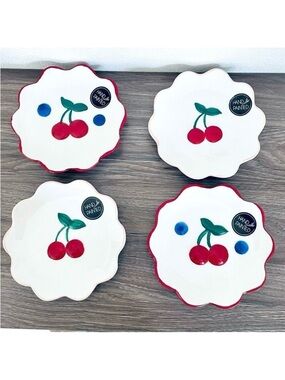 NWT Gorgeous Luna & Sage Set of 4 White Red Green Cherries Ceramic 6” Plates